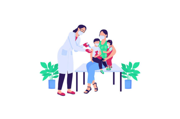 Doctor Vaccinating Children Characters Graphics and Illustrations